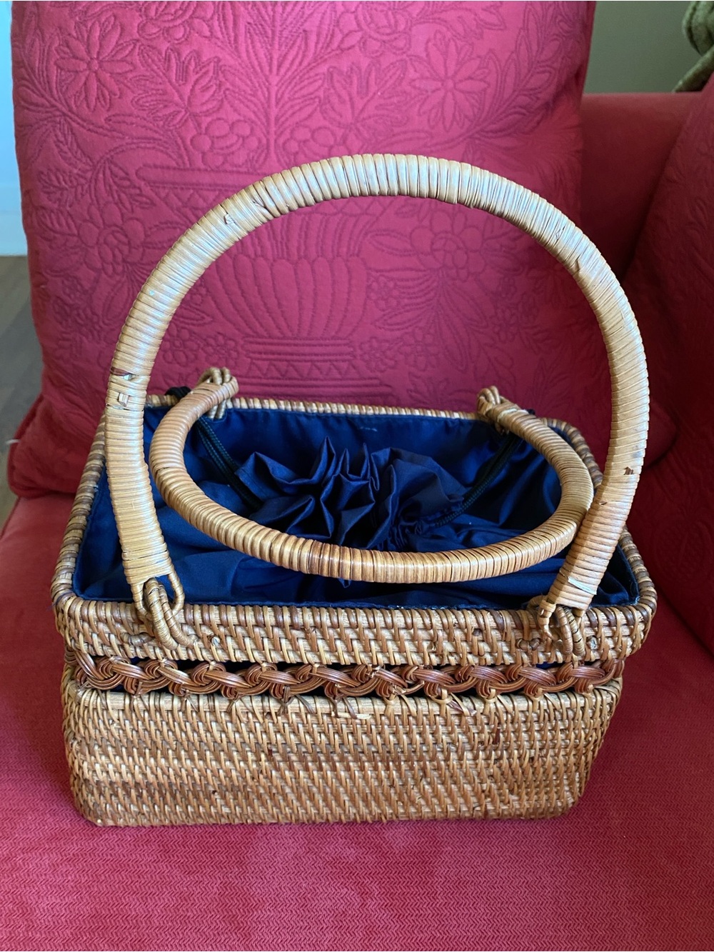 ASOS rattan rectangle bag with navy fabric drawstring liner. Like new! - Picture 2 of 9